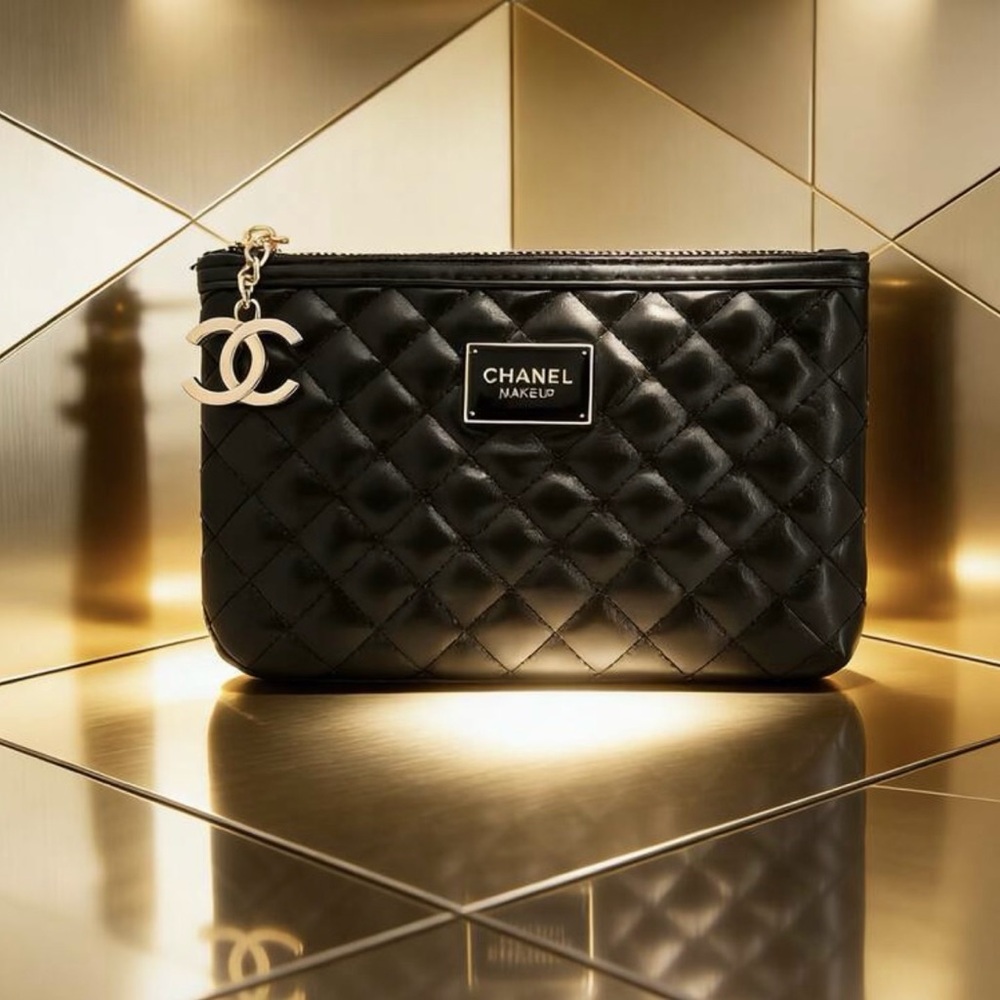 CHANEL MAKEUP Collectors Black Quilted Pouch with Gold Accents